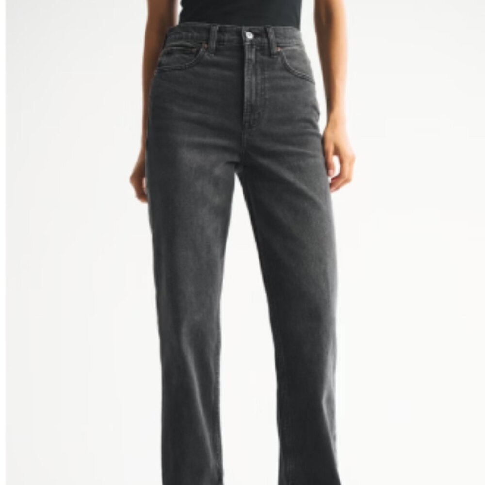 Abercrombie Ultra High Rise 90s Straight Leg Jean Washed Black Raw Hem size 27